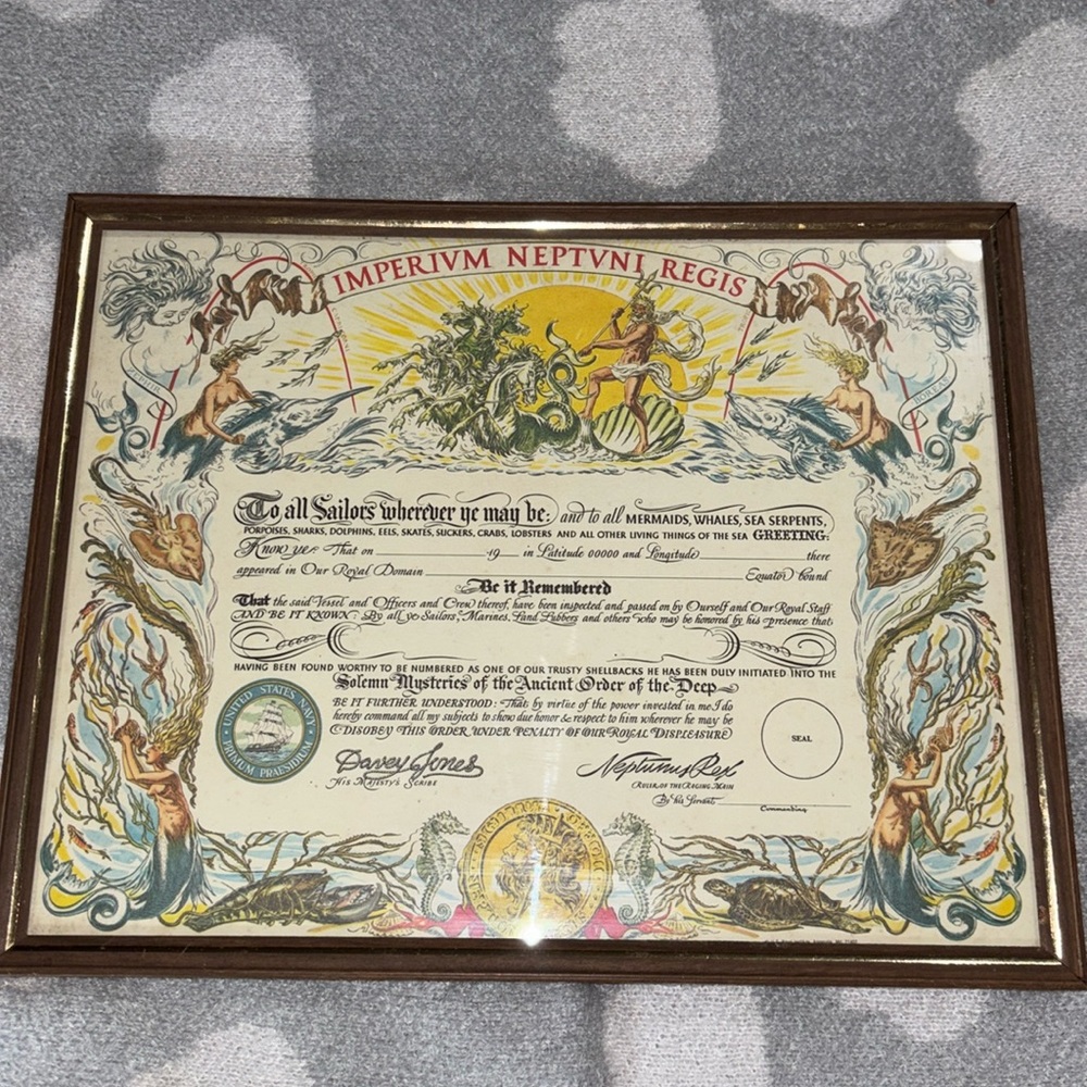 Vintage Imperivm Neptvni Regis US Navy certificate for crossing Equator